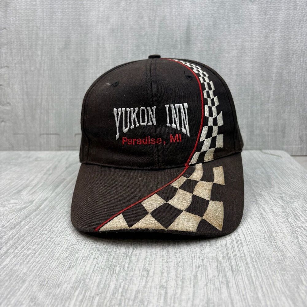 Vintage Yukon Inn Hat Cap Snapback Black Racing Stripes‎ Checkered Flag Paradise